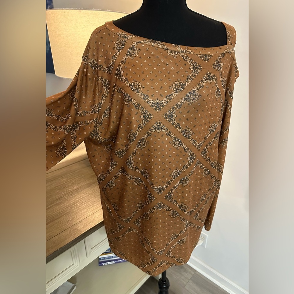 Crazy Train Meadows Brown Long Sleeve Cut-Out Blouse - Size L